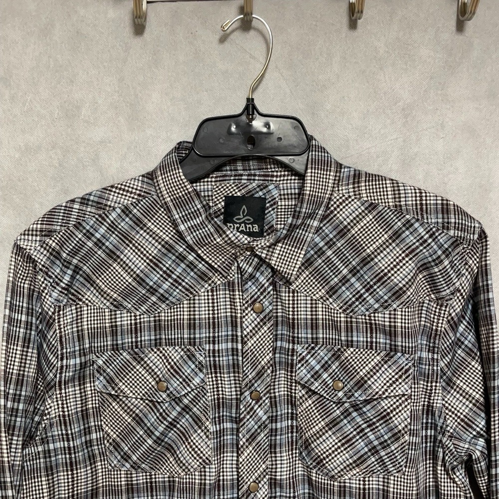 PrAna Shirt Men L Gray Plaid Holstad L/S Button Up Western Pearl Snaps Cowboy